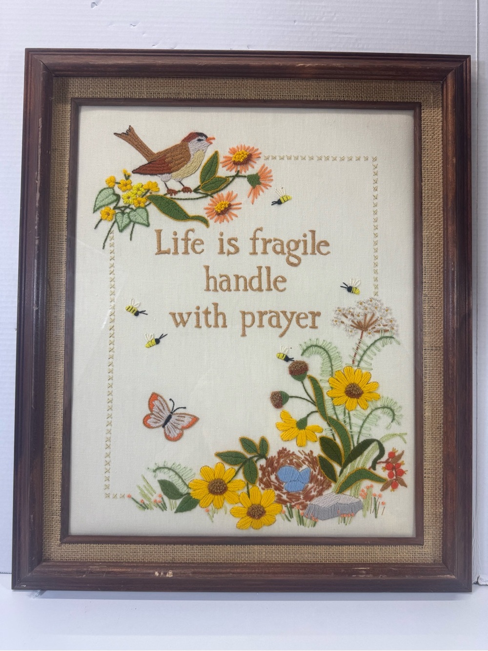 Vintage embroidered picture and frame bird bee butterfly flower religious phrase